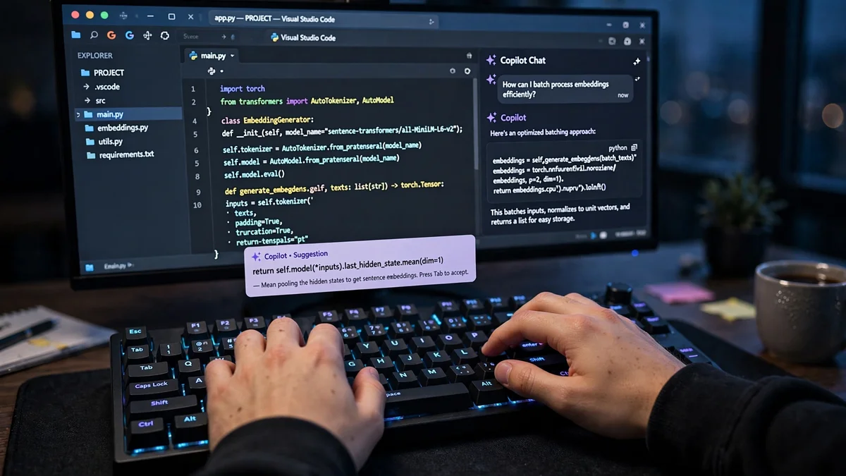 Hands typing on a backlit keyboard while an AI coding assistant works on screen