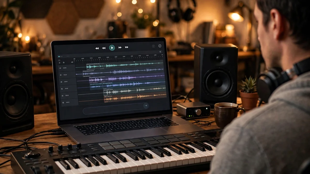 Music producer creating a track with AI music generation software on a laptop