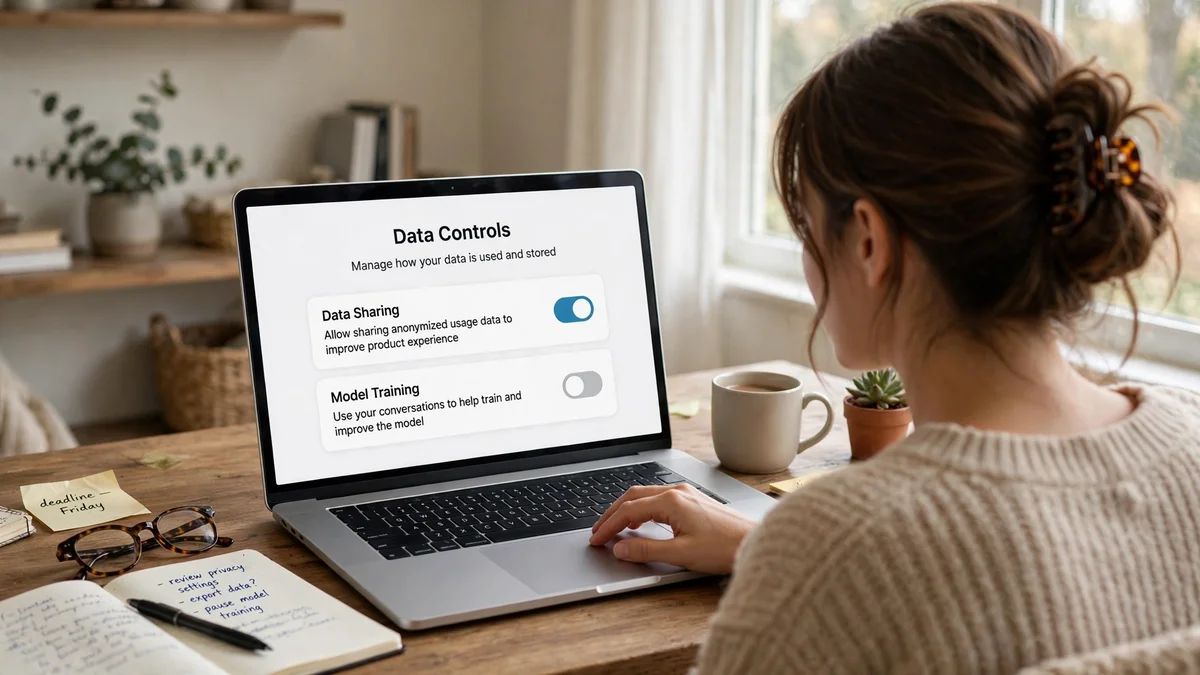 Checking data and privacy settings in an AI productivity app on a laptop
