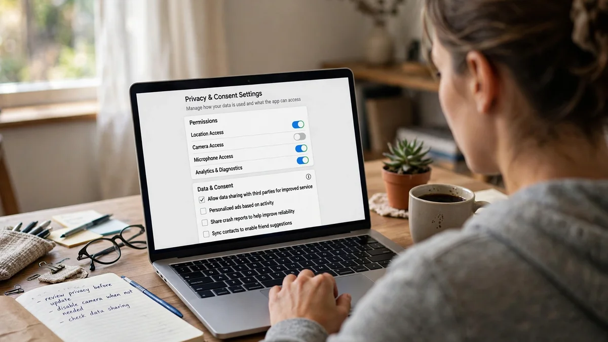 Reviewing privacy and consent settings for an AI voice app on a laptop