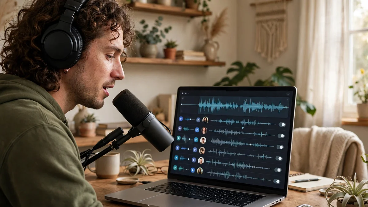 Podcaster recording a voiceover into a studio microphone with AI voice software on a laptop
