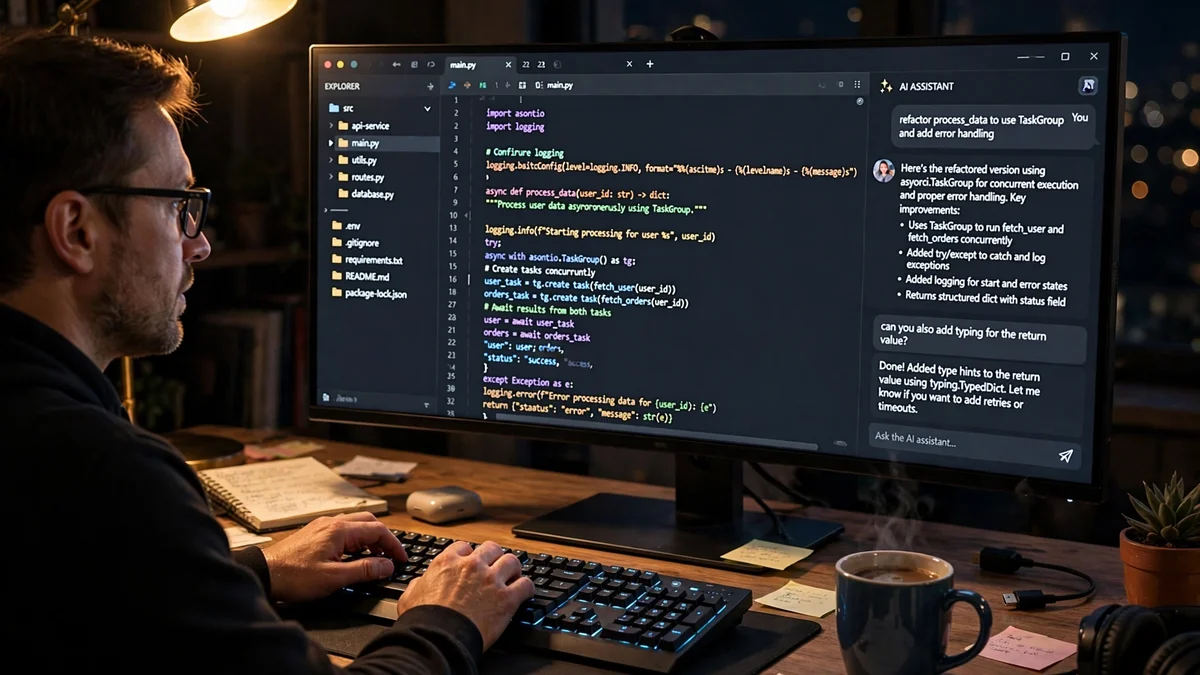 Developer desk at night with a monitor showing a colorful AI code editor