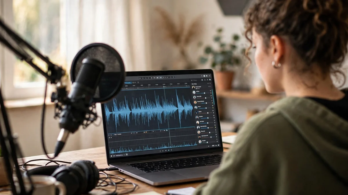 Content creator editing AI-generated voiceover audio with waveform on a laptop