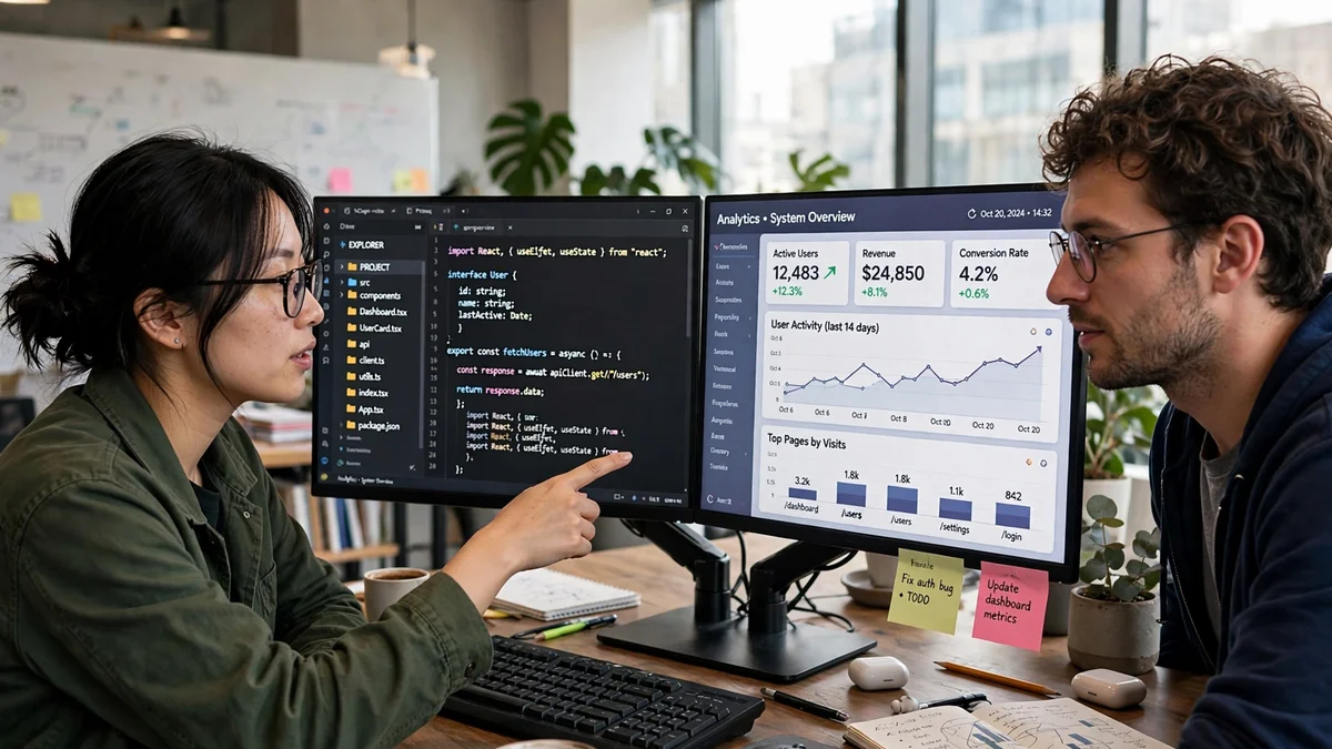 Developer comparing two AI code editors side by side on a wide monitor